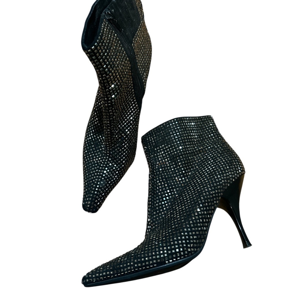Jeffrey Campbell Embellished Ankle Boots Silver Studded Mesh Black Heels 7.5 - Picture 2 of 9